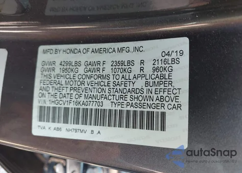 2019 Honda Accord Lx from USA, damaged, VIN 1HGCV1F16KA077703